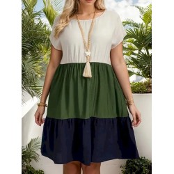 Women Fashion Casual Plus Size Color Block Lotus Leaf Sleeve Loose Dress