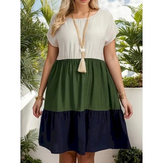 Women Fashion Casual Plus Size Color Block Lotus Leaf Sleeve Loose Dress Women Fashion Casual Plus Size Color Block Lotus Leaf Sleeve Loose Dress