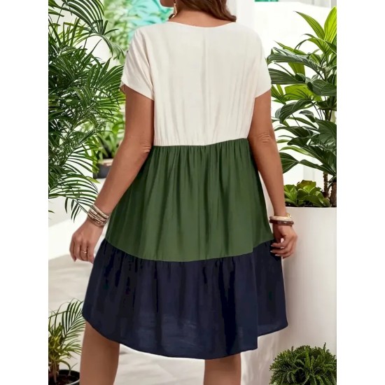 Women Fashion Casual Plus Size Color Block Lotus Leaf Sleeve Loose Dress Women Fashion Casual Plus Size Color Block Lotus Leaf Sleeve Loose Dress