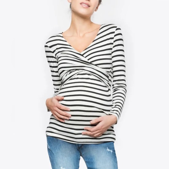 Pregnant Woman Casual Stripe V-Neck Long-Sleeve Breastfeeding T-Shirt Pregnant Woman Casual Stripe V-Neck Long-Sleeve Breastfeeding T-Shirt