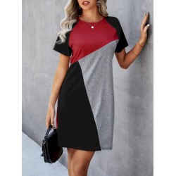 Women Fashion Casual Contrast Color Stitching Irregular Short Sleeve Dress