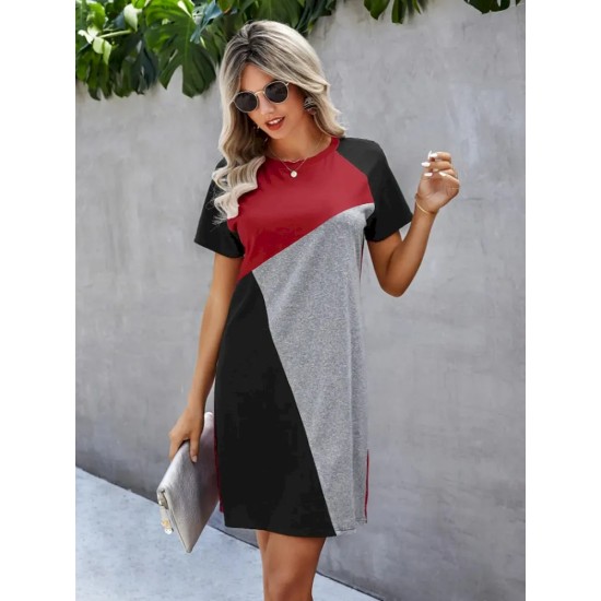 Women Fashion Casual Contrast Color Stitching Irregular Short Sleeve Dress Women Fashion Casual Contrast Color Stitching Irregular Short Sleeve Dress