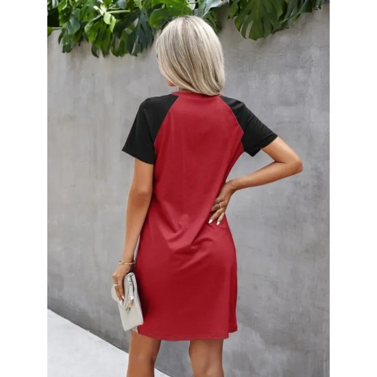 Women Fashion Casual Contrast Color Stitching Irregular Short Sleeve Dress Women Fashion Casual Contrast Color Stitching Irregular Short Sleeve Dress