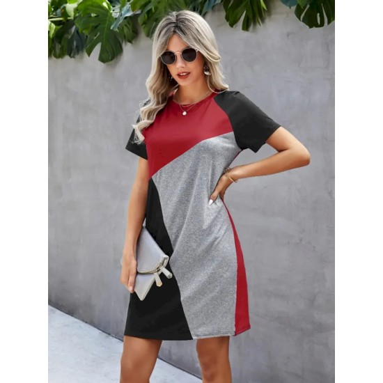Women Fashion Casual Contrast Color Stitching Irregular Short Sleeve Dress Women Fashion Casual Contrast Color Stitching Irregular Short Sleeve Dress