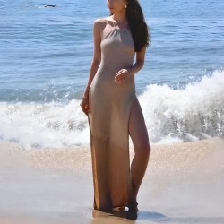 Women Fashion Sexy Solid Color Knitted Halter-Neck Backless Side Slit Dress