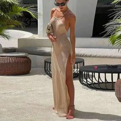 Women Fashion Sexy Solid Color Knitted Halter-Neck Backless Side Slit Dress