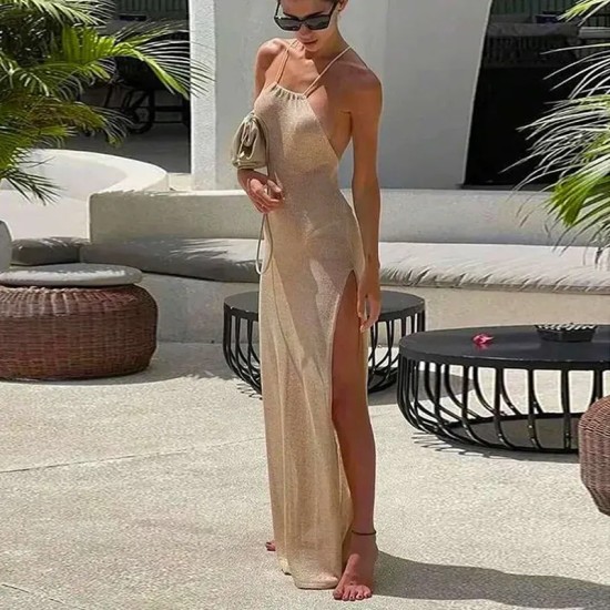 Women Fashion Sexy Solid Color Knitted Halter-Neck Backless Side Slit Dress Women Fashion Sexy Solid Color Knitted Halter-Neck Backless Side Slit Dress