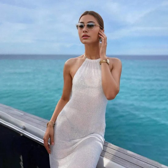 Women Fashion Sexy Solid Color Knitted Halter-Neck Backless Side Slit Dress Women Fashion Sexy Solid Color Knitted Halter-Neck Backless Side Slit Dress