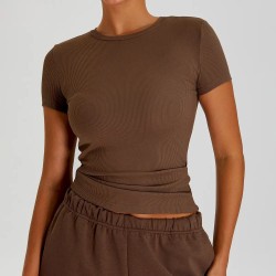 Women Fashion Casual Solid Colorthread Short-Sleeve Quick-Drying Yoga T-Shirt