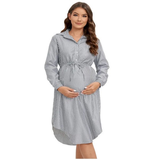 Pregnant Women Fashion Casual Stripe Lapel Long Sleeve Single Breasted Dress Pregnant Women Fashion Casual Stripe Lapel Long Sleeve Single Breasted Dress