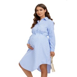 Pregnant Women Fashion Casual Stripe Lapel Long Sleeve Single Breasted Dress