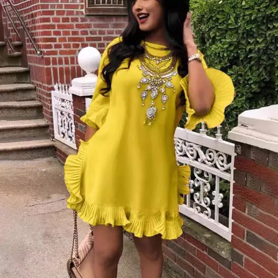 Women Fashion Casual Solid Color Ruffle Short-Sleeve Loose Dress Women Fashion Casual Solid Color Ruffle Short-Sleeve Loose Dress