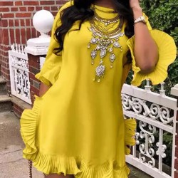 Women Fashion Casual Solid Color Ruffle Short-Sleeve Loose Dress