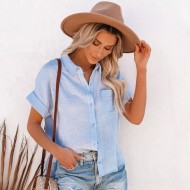 Women Fashion Casual Solid Color Short Sleeve Buttoned Knotted Blouse