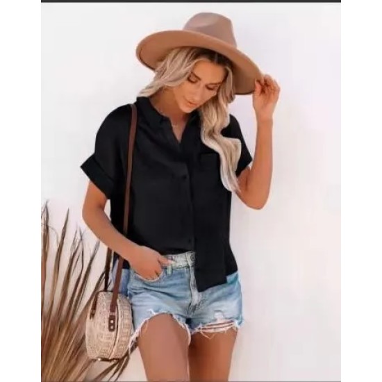Women Fashion Casual Solid Color Short Sleeve Buttoned Knotted Blouse Women Fashion Casual Solid Color Short Sleeve Buttoned Knotted Blouse