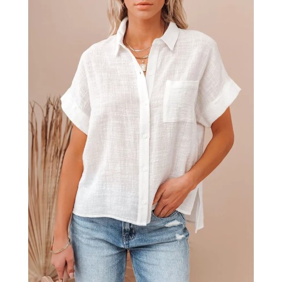 Women Fashion Casual Solid Color Short Sleeve Buttoned Knotted Blouse Women Fashion Casual Solid Color Short Sleeve Buttoned Knotted Blouse