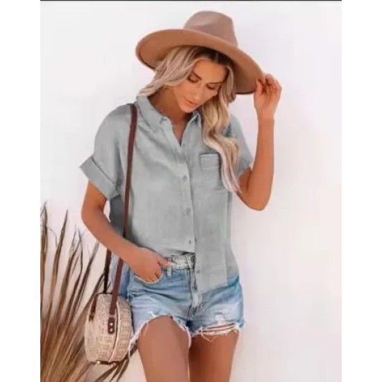 Women Fashion Casual Solid Color Short Sleeve Buttoned Knotted Blouse Women Fashion Casual Solid Color Short Sleeve Buttoned Knotted Blouse