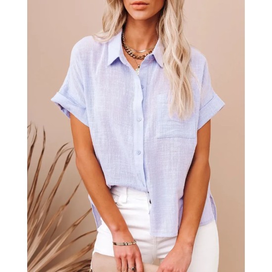 Women Fashion Casual Solid Color Short Sleeve Buttoned Knotted Blouse Women Fashion Casual Solid Color Short Sleeve Buttoned Knotted Blouse