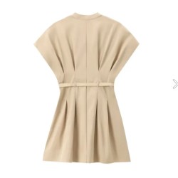 Office Chic Women Summer V-Neck Pleated Solid Color V Neck Dress
