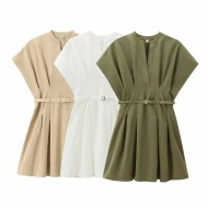 Office Chic Women Summer V-Neck Pleated Solid Color V Neck Dress