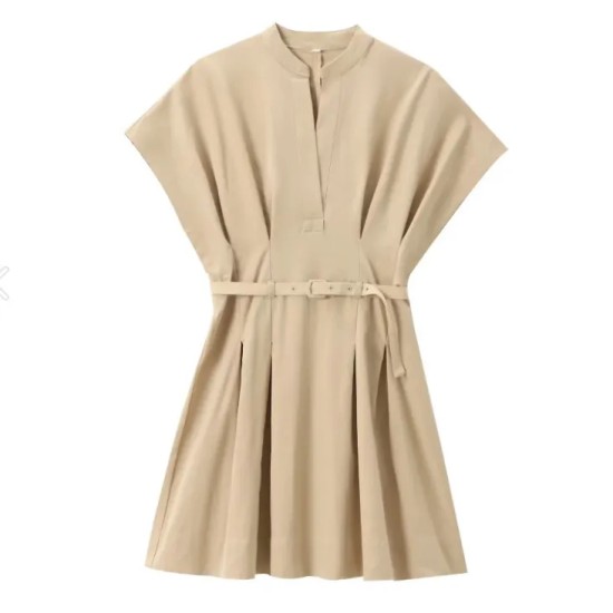 Office Chic Women Summer V-Neck Pleated Solid Color V Neck Dress Office Chic Women Summer V-Neck Pleated Solid Color V Neck Dress