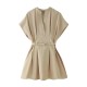 Office Chic Women Summer V-Neck Pleated Solid Color V Neck Dress Office Chic Women Summer V-Neck Pleated Solid Color V Neck Dress