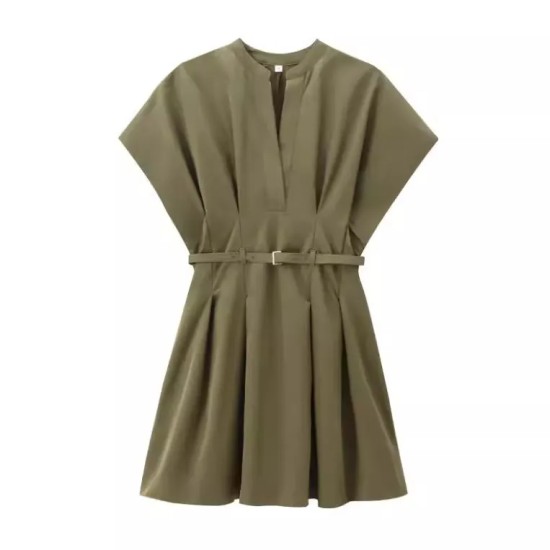 Office Chic Women Summer V-Neck Pleated Solid Color V Neck Dress Office Chic Women Summer V-Neck Pleated Solid Color V Neck Dress