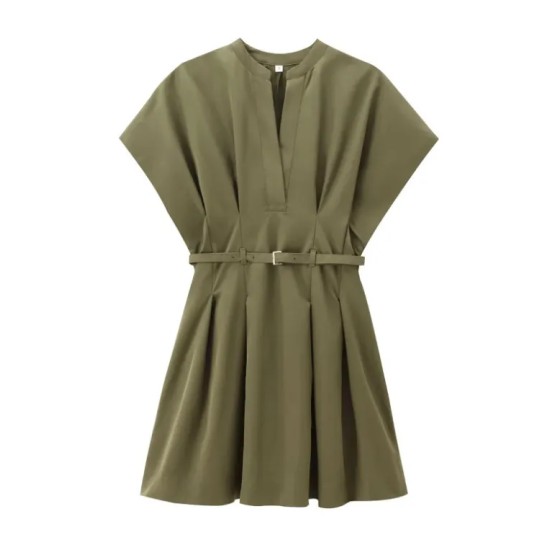 Office Chic Women Summer V-Neck Pleated Solid Color V Neck Dress Office Chic Women Summer V-Neck Pleated Solid Color V Neck Dress