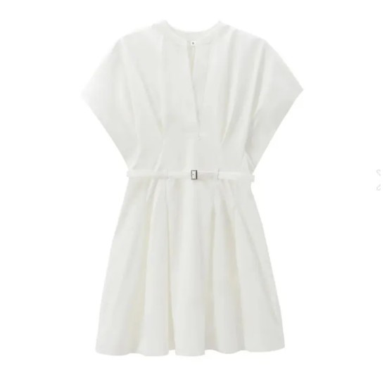 Office Chic Women Summer V-Neck Pleated Solid Color V Neck Dress Office Chic Women Summer V-Neck Pleated Solid Color V Neck Dress
