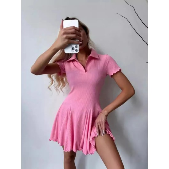 Women Fashion Simple Solid Color Lapel Short-Sleeve Dress Women Fashion Simple Solid Color Lapel Short-Sleeve Dress