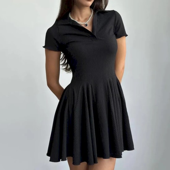 Women Fashion Simple Solid Color Lapel Short-Sleeve Dress Women Fashion Simple Solid Color Lapel Short-Sleeve Dress