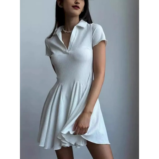 Women Fashion Simple Solid Color Lapel Short-Sleeve Dress Women Fashion Simple Solid Color Lapel Short-Sleeve Dress