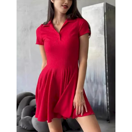 Women Fashion Simple Solid Color Lapel Short-Sleeve Dress Women Fashion Simple Solid Color Lapel Short-Sleeve Dress