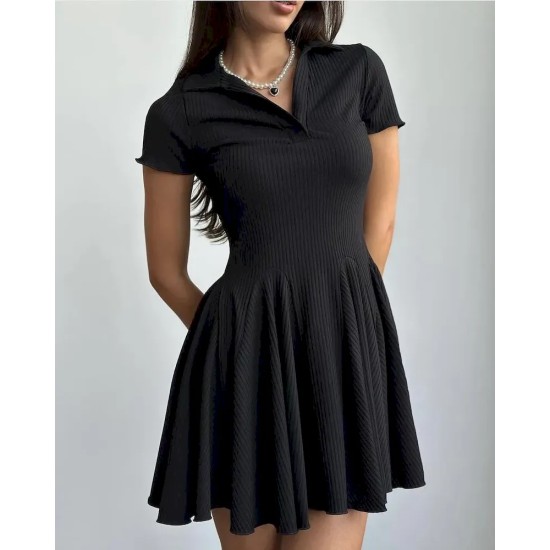 Women Fashion Simple Solid Color Lapel Short-Sleeve Dress Women Fashion Simple Solid Color Lapel Short-Sleeve Dress
