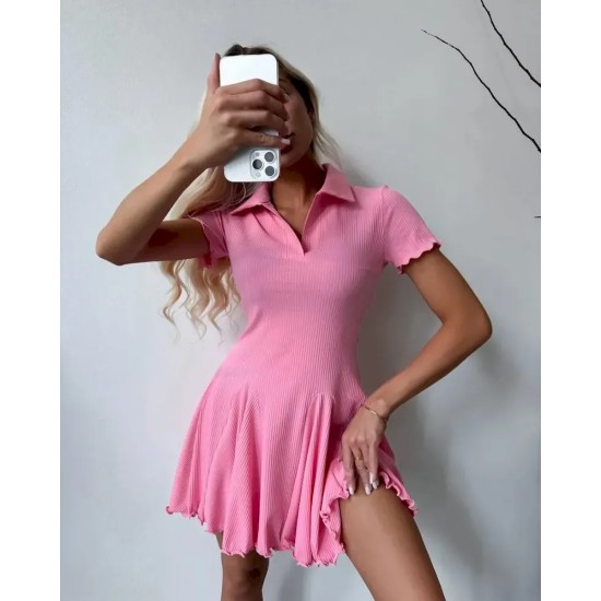 Women Fashion Simple Solid Color Lapel Short-Sleeve Dress Women Fashion Simple Solid Color Lapel Short-Sleeve Dress