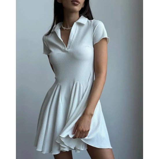 Women Fashion Simple Solid Color Lapel Short-Sleeve Dress Women Fashion Simple Solid Color Lapel Short-Sleeve Dress
