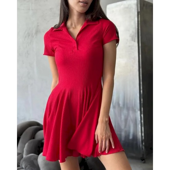 Women Fashion Simple Solid Color Lapel Short-Sleeve Dress Women Fashion Simple Solid Color Lapel Short-Sleeve Dress
