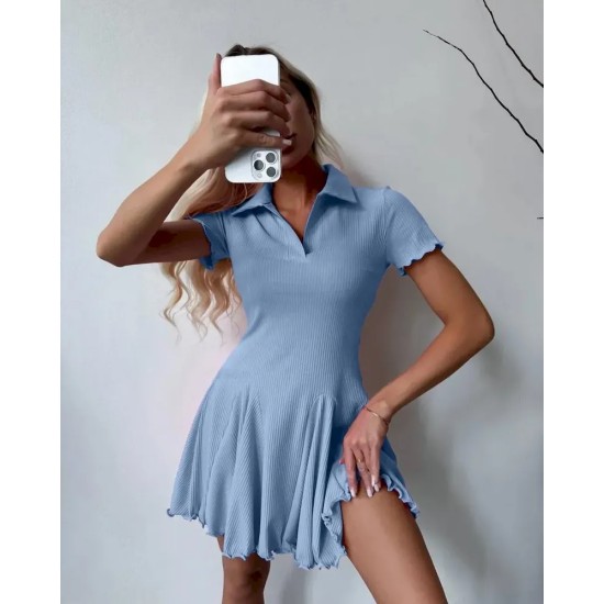 Women Fashion Simple Solid Color Lapel Short-Sleeve Dress Women Fashion Simple Solid Color Lapel Short-Sleeve Dress