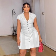 Women Fashion Elegant Lapel Short-Sleeve Single Breasted Slim Fit Pleated Dress