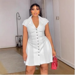 Women Fashion Elegant Lapel Short-Sleeve Single Breasted Slim Fit Pleated Dress