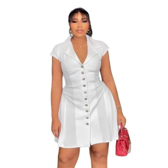 Women Fashion Elegant Lapel Short-Sleeve Single Breasted Slim Fit Pleated Dress Women Fashion Elegant Lapel Short-Sleeve Single Breasted Slim Fit Pleated Dress